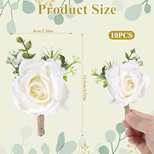 10 Pcs White Boutonniere for Men, Artificial Flowers Groom Groomsmen Vintage Wedding Corsage Rose for Wedding, Party, Ceremony Anniversary, Prom