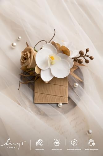 Ling's moment Pocket Boutonniere Single, Boutonniere for Men Groom for Wedding, Prom, Homecoming, Anniversary, Graduation, etc.Tawny Beige White Orchid, 6" W x 5" H - color: Brn-tawny Beige & White Orchid, size: 6" W x 5" H