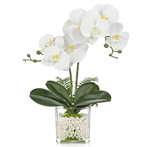 White Orchids Artificial Flowers 16.1" Faux Orchids Plant in Pot Fake Flower Arrangements with Glass Vases Small White Centerpieces for Kitchen Dining Room Tables Bathroom Nightstand Shelf Desk Decor - color: White Orchid &White Stones