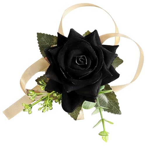 Wrist Corsage for Women Girl Artificial Black Rose Silk Flowers Wristlet Corsage for Wedding Anniversary Prom Formal Dinner Party Decoration Black Rose Corsage - color: Black Rose Corsage