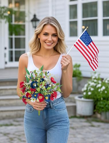 BLOSMON Red White and Blue Flowers: 4 Bundles Fake Flowers 4th of July Patriotic Decorations for Table Centerpieces - USA 250 Anniversary Artificial Bouquet Home Memorial Day Decor (Vase Not Included)
