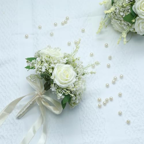 Artificial Bridesmaid Bouquets Set of 6 - Ivory White 9 Inch Various Flower Bouquet for Wedding Party Ceremony Dinning Table Centerpieces Decor Faux (Rose & Babys Breath & Ribbon) - color: Rose