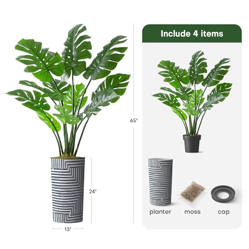 Artificial Tree in Modern Geometric Pattern Planter, Fake Monstera Silk Tree for Indoor and Outdoor Home Decoration - 65" Overall Tall (Plant Pot Plus Tree) - style: Monstera Plant