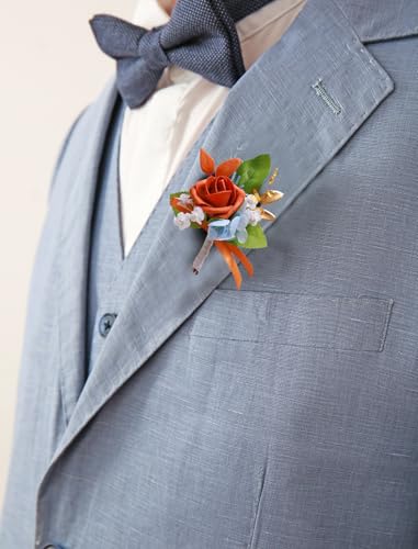 Marriwise 6pcs Rose Boutonniere for Men, Artificial Flowers Terracotta & Blue Wedding Groom Groomsmen Boutonniere for Wedding/Anniversary/Prom/Rustic Wedding/Homecoming (Terracotta & Blue) - color: Terracotta & Blue