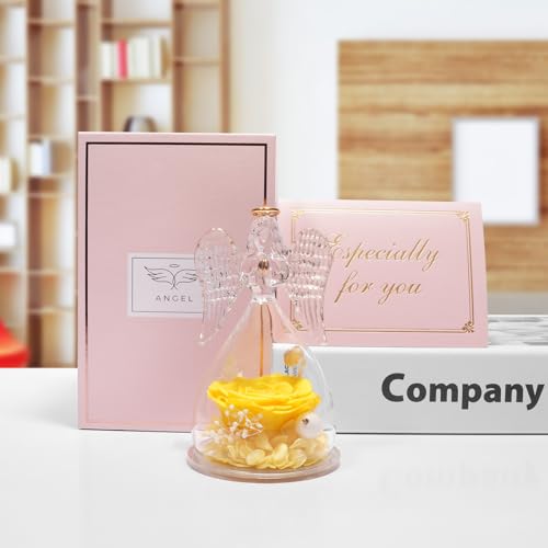 Miofula Gifts for Mom Birthday Gifts for Women, Preserved Flowers Rose in Glass Angel Figurines, Fresh Flowers for Delivery Anniversary Forever Real Roses Gifts for Mothers Grandma Her Wife Girlfriend - color: Yellow
