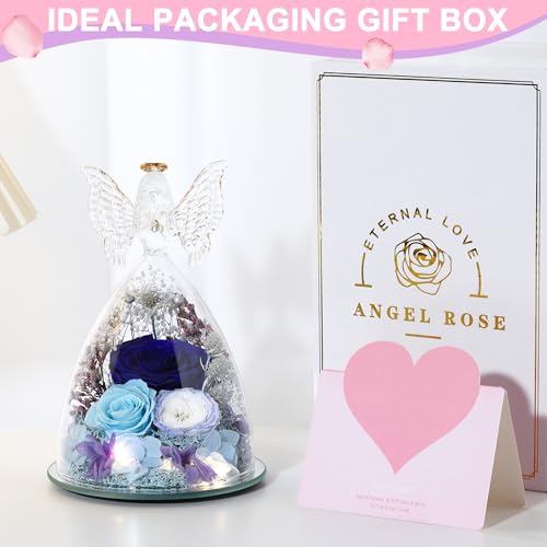 Mothers Day Rose Gifts for Women Preserved Real Flower in Glass Angel Figurines Roses for Delivery Prime Birthday Gifts for Mom Grandma Girlfriend Wife Her,Blue Austin Roses - color: Blue With Austin Roses