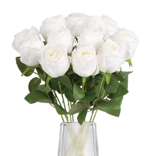 12Pcs White Roses Artificial Flowers 20" Vintage Silk Fake Roses with Stem for Vases Realistic Faux Roses Bouquet for Wedding Table Centerpieces Home Decorations DIY Party Arrangements (White) - color: White