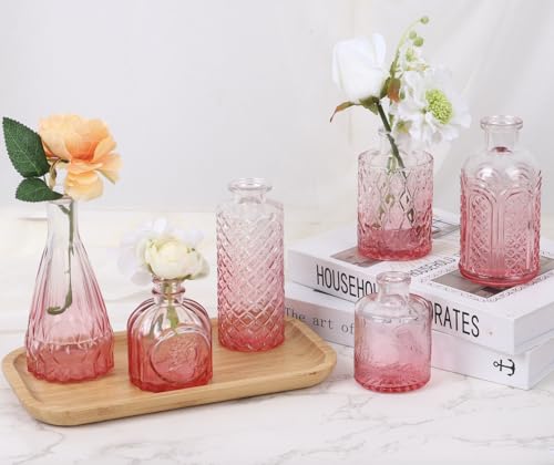18pcs Pink Glass Bud Vase Set, Small Flower Vases for Centerpieces in Bulk, Mini Vintage Vase for Home, Wedding, Table Decor - color: Pink, size: 18pcs