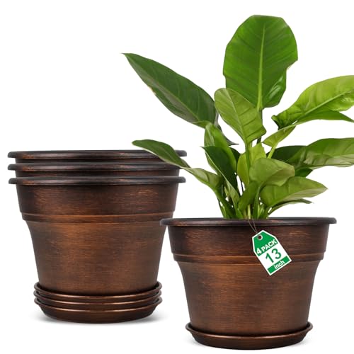 Plant Planters Pots Set of 4 Pack 13 Inch，Large Plastic Flower Pot For Indoor Plants With Drainage Holes & Trays, Resin Decorative Container Sets With Saucer For House Outdoor Garden Plant Copper - color: Copper, size: 13 inch-4 pack