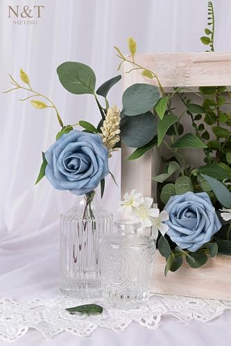 N&T NIETING Artificial Flowers, 50pcs Foam Roses Fake Flowers DIY Wedding Party Cake Decoration, Home Display, Dusty Blue Gray - color: Dusty Blue, size: 50pcs