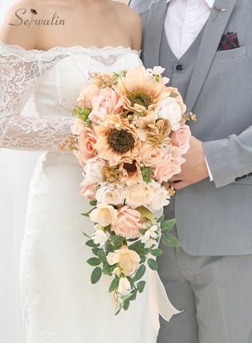 Serwalin 11 Inch Wedding Bouquets for Bride Bridesmaid, Champagne Bridal Bouquets for Bride, Wedding Flowers Bouquet Tossing Bouquet, Wedding Ceremony and Anniversary Day Decor - color: Champagne Sunflower