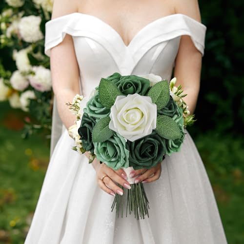 AmyHomie 25pcs Real Looking Artificial Shades of Forest Roses w/Stem for DIY Wedding Bouquets Centerpieces Arrangements Party Baby Shower Valentines Day Christmas Tree Decorations - color: Shades of Forest Green