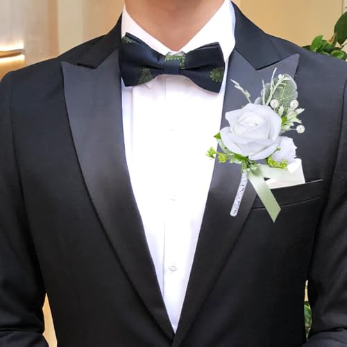 Rose Corsage and Boutonniere Set, 2PCS Handmade Artificial Flower Bride Wrist Corsage Wristlet Bracelets Wristband Men Boutonniere for Wedding Prom Suit Decorations (White) - color: White