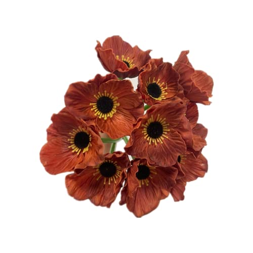 Rikyo 10 Stem 11inch Bouquets Artificial Flowers Poppy Flowers,Faux Anemone PU Fake Wild Flowers for Kitchen Table Centerpiece Vase,Home Wedding Holding Flowers Backdrop Arch Wall (Brown) - color: Brown