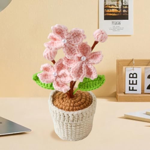 2 Pieces Mini Crochet Cherry Blossoms Potted Plants, Handmade Knitted Fake Cherry Blossom Flower with Planter for Bathroom Home Kitchen Rustic Table Centerpiece Decor, Pink - color: Pink