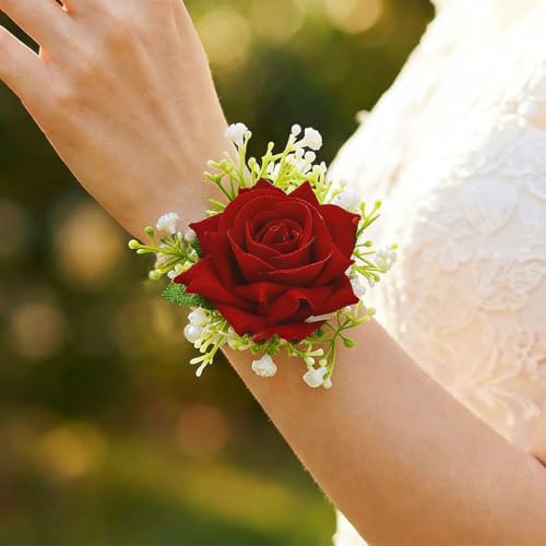 Wedding Corsage Wristlet Red Rose Wrist Corsage for Women (Red) - color: Red
