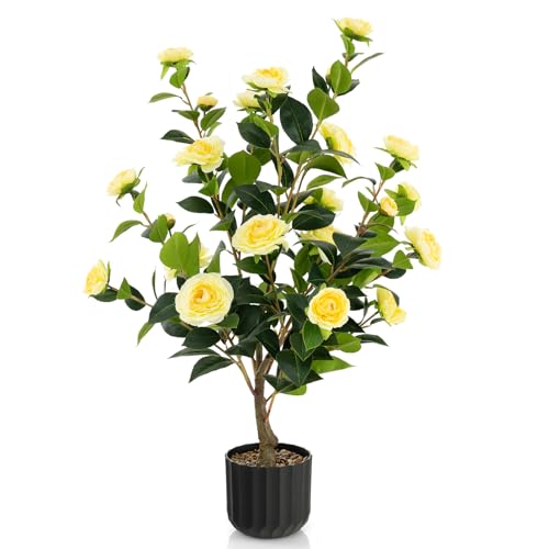 Goplus 38’’ Artificial Camellia Tree, Flower Plants Artificial Tree, Faux Floral Plant Blooming Tree in Cement Pot, Greenery Potted Plant for Indoor Outdoor Office Home Porch Decor - color: Yellow, size: 38 inch