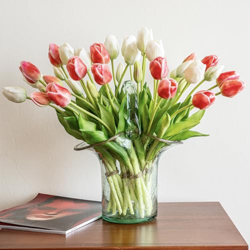 DUYONE 40pcs Artificial Tulips Flowers, FLatex Bouquet,Fake Tulips for Office Wedding Party Home Kitchen Garden Decoration - color: 40pcs White Set (No Vase)