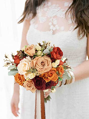 Rinlong 9" Fall Wedding Bouquet for Bride, Burnt Orange Bridal Bouquet | Silk Flowers - color: Org-gold & Terracotta, size: 8" tall, 12" wide