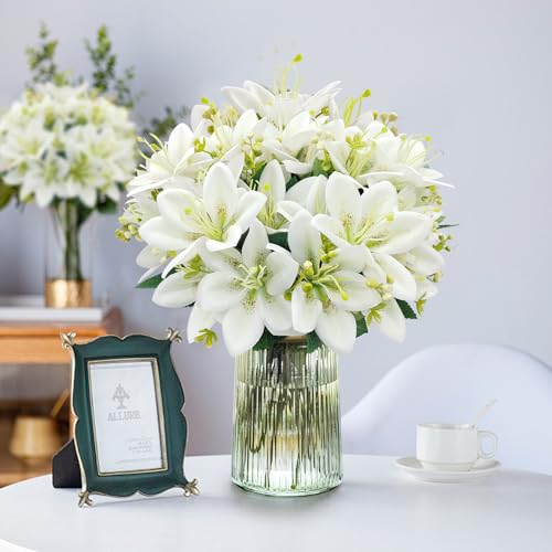 4 Bundles Artificial Tiger Lily Silk Flowers Faux Fake Lilies Plants for Wedding Bouquet Home Party Indoor Table Hotel Office Vases Floral Arrangements Outdoor Garden Decor (White) - color: White