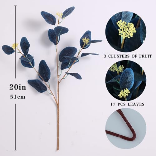 dallisten 20" Silk Artificial Eucalyptus Stems, 12Pcs Fake Eucalyptus Stem with Leaves Berries, Greenery Plants Floral Decorations for Wedding Party Flower Arrangement Home Decor (Navy Blue) - color: Navy Blue