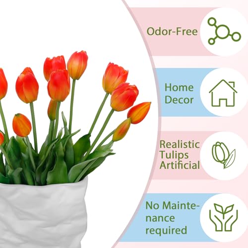 15 Pcs Orange Artificial Tulips Fake Flowers, Premium Latex Lifelike Texture, UV Resistant Waterproof Faux Tulip Bouquets with Snap-on Petals for Outdoor, Home, Wedding Decor - color: Orange