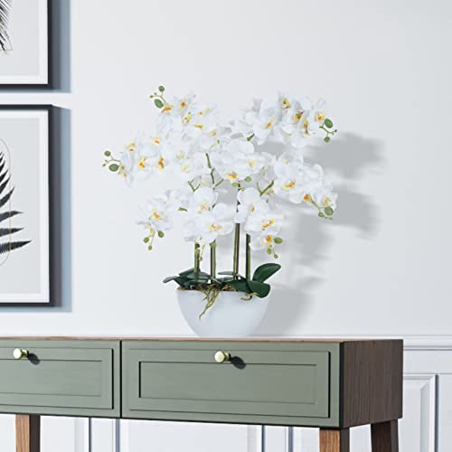 Ziwon Artificial Orchid Flowers & Plants Potted in Ceramic Pot, White Faux Phalaenopsis Orchids for Table Centerpiece, Realistic Fake Flower Arrangement for Home Office Decor Indoor - color: White & White 02