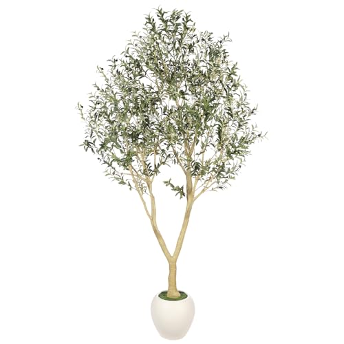 9ft Artificial Olive Tree with White Planter Included - Large Indoor Floor Plant with Natural Trunk and Fruit Accents for High-Ceiling Living Room and Hallway Corner - size: 9ft