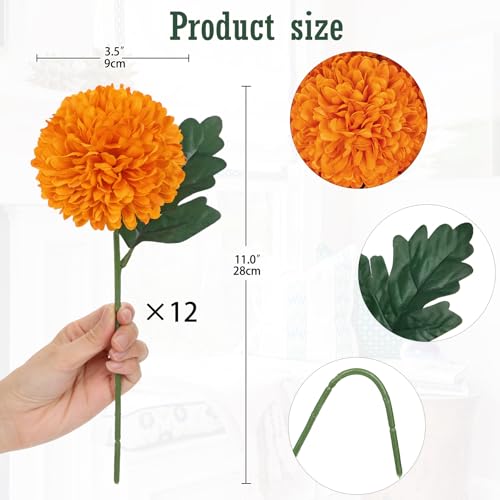 Briful 12 Pcs Artificial Orange Chrysanthemum Stems – 11” Tall Silk Mums Flower Heads with Green Leaves, Flexible Stems for Fall Floral Pick Arrangements, Home, Wedding & Seasonal Decorations - color: 3.5'' Dia. 12pcs Orange