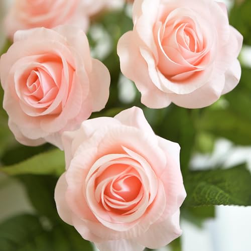 FiveSeasonStuff Real Touch Peach Pink Artificial Rose Stems, 12 Faux Flower Stems for Vase Arrangements, Soft Color Floral Styling - color: Peach Pink