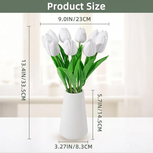 Real-Touch Artificial Tulips with Ceramic Vase, 10 Stems Faux Floral Arrangement, Spring Table Centerpiece, Modern Farmhouse Home Decor (White+vase) - color: White+vase