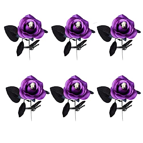 6 PCS Halloween Artificial Rose Flower with Skull,16 Inch Fake Silk Rose Bouquets Realistic Flowers Arrangements for Home Hotel Center Arrangements Halloween Decoration,Purple - color: Purple