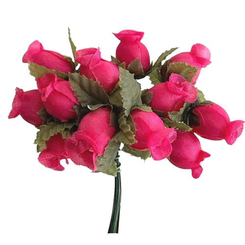 Hot Pink Artificial Silk Flower Roses - 12 Mini Bouquets of 12 Rosebuds, 144 Fuchsia Rosebuds Total, Valentine’s Day Wedding Decor, Easter Reception Wreath, Anniversary Floral Arrangement - color: Fuchsia Pink