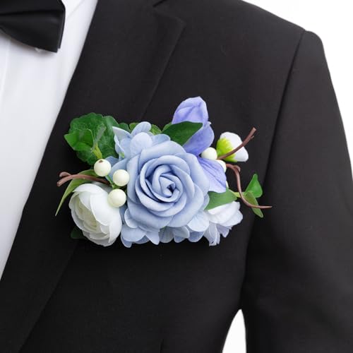 Ling's moment Pocket Boutonniere Single, Boutonniere for Men Groom for Wedding, Prom, Homecoming, Anniversary, Graduation, etc.Dusty Blue, 6" W x 5" H - color: Blu-dusty Blue, size: 6" W x 5" H
