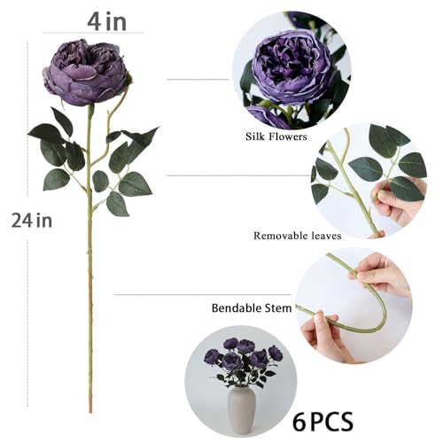 mizii 6Pcs Burnt Purple Artificial Roses Flowers Fake Silk Roses Flower with Long Stem for Wedding Decorations Table Centerpieces Flower Arrangement Home Decor (Burnt Purple) - color: Burnt Purple