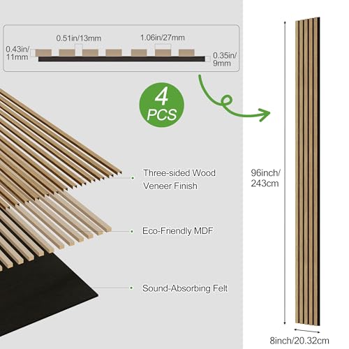 4 Pack Wood Panels for Wall, 96" x 8" Wood Slat Acoustic Panels, Acoustic Wall Panels for Interior Wall Decor, Sound Absorbing Wall Panels for Noise Reduction and Decoration, Ashen Oak - color: Ashen Oak, size: 4PCS-96" x 8"