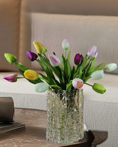 12pcs Tulips Artificial Flowers Real Touch Silk Faux Flowers Tulip Stems for Wedding Spring Bouquet Floral Arrangement Home Party Office Decorations (White Pink Yellow Green) - color: White Pink Yellow Green