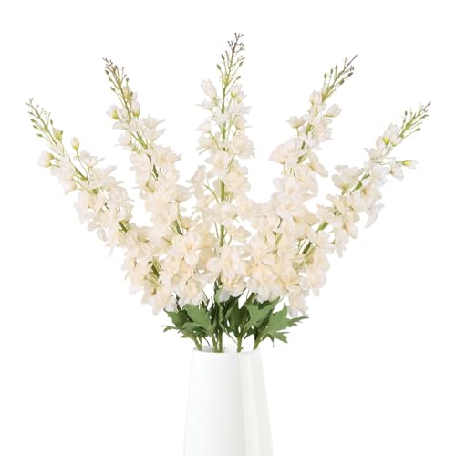 IPOPU 40" Delphinium Artificial Flowers 5PCS Faux Delphinium Larkspur Silk Flowers Long Stem Artificial Flowers for Home Wedding Floral Arrangement Centerpiece Decor(Champagne) - color: Champagne