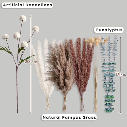 High-End Faux Flower Bouquet with Dried Pampas Grass Decor – Realistic Artificial Flowers Indoor | Faux Peonies, Mums, Ranunculus, Eucalyptus | Dried Floral Arrangements & Vase Fillers for Home Decor - color: White
