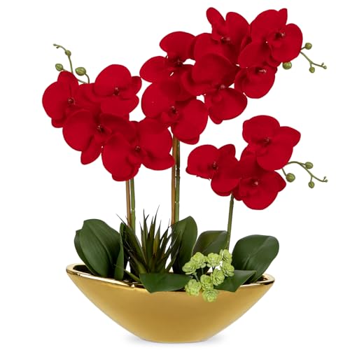 Briful Orchid Artificial Flowers 17in Red Fake Orchid Silk Flowers in Gold Ceramic Vase Faux Phalaenopsis Arrangement for Home Office Room Dining Table Centerpiece Modern Decor - color: Gold Red