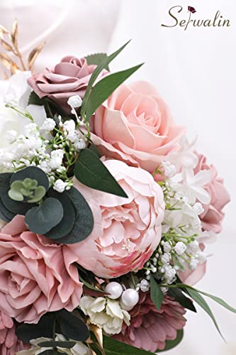 Serwalin 9.8 Inch Wedding Bouquets for Bride Bridesmaid, Dusty Pink Peonies Bridal Bouquets for Bride, Wedding Flowers Bouquet Tossing Bouquet, Wedding Ceremony and Anniversary Day Decor - color: A Athens Dusty Pink