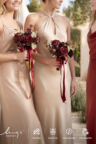 Ling's moment Red Bridesmaid Bouquets Set of 6,Burgundy & Black Baccara Artificial Wedding Flower Bouquets Floral Bouquet Bridesmaid Bouquets with Ribbon,Ceremony,Anniversary,7-inch Diameter - color: Rd-burgundy & Black Baccara