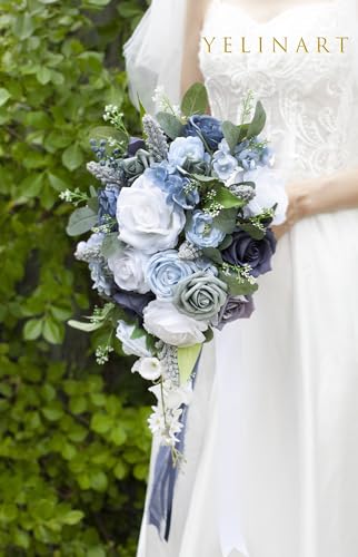 10 Inch Dusty Blue Wedding Bouquets for Bride Artificial Roses Flower Cascading Cascade Bridal Bouquet for Rustic Boho Fall Vintage Wedding Ceremony Party and Anniversary - color: Dusty Blue