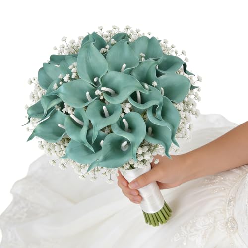 Calla Lily Bridal Wedding Festival Decor Bouquet Real Touch Latex Flower Bouquet Pack of 20 (Turquoise) - color: Turquoise