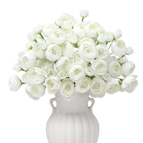 Ranunculus Artificial Flower White Faux Silk Mini Peony Flowers Fake Peonies Wedding Flowers DIY Bouquet for Centerpieces Arrangements Bridal Shower Decorations 18 Pcs(White)
