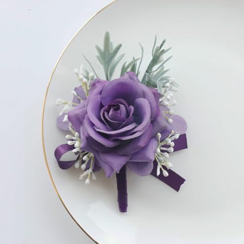 MAFELOE 2 Pieces Boutonniere Wrist Corsage Set, Artificial Rose Flowers Men Women Bride Groom Wedding Prom Party Suit Decor - Dark Purple