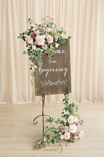 Ling's moment 2pcs Wedding Flowers Garland Artificial Floral Swag Arch Decorations Greenery Arrangements Dusty Rose Cream Ceremony Reception Garden Easel Wall Entryway Outdoor Board(NOT Include Sign) - color: Dusty Rose & Cream