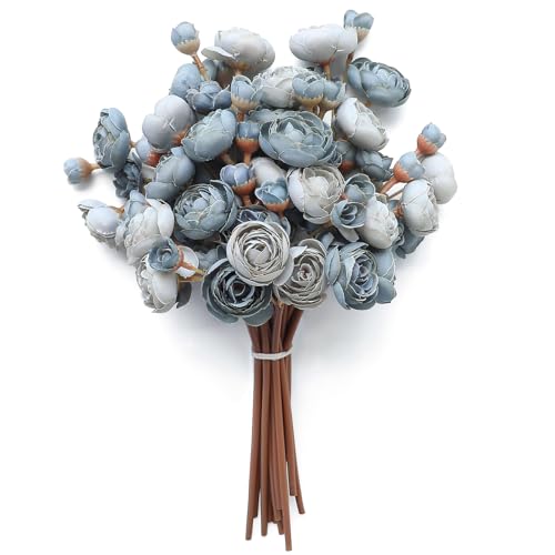 Floroom Ranunculus Artificial Flowers 18 Pcs Dusty Blue Faux Silk Mini Ranunculus Bulk Fake Wedding Filler Flowers for DIY Bouquets, Centerpieces, Bridal Shower Decorations & Arrangements - color: Dusty Blue