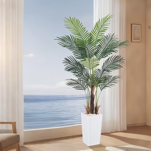 Artificial Palm Tree，5.5FT Fake Tree with White Tall Planter,Faux Areca Palm Tree,Tall Faux Plant with Lifelike Leaves for Home Office Living Room Modern Decoration