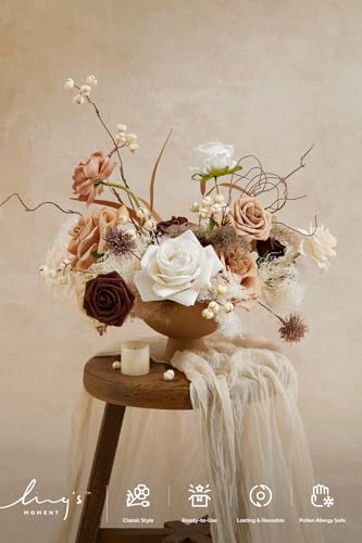 Ling's moment Fake Flowers Box, Faux Artificial Greenery Stems Foam Roses Gardenia Silk Willow Fabic Flower for Centerpieces Bouquet Wedding Vase Decorations, Sand Beige & Walnut Brown, Deluxe Combo - color: Beg-sand Beige & Walnut Brown, size: Deluxe